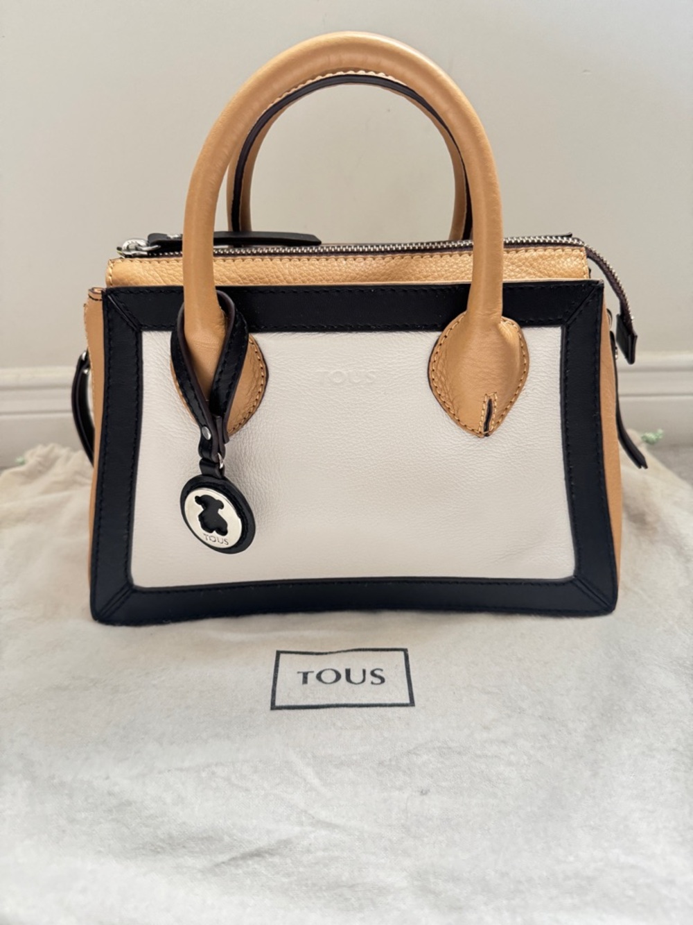 TOUS Two-Tone Leather Satchel Bag in White, Black & Tan